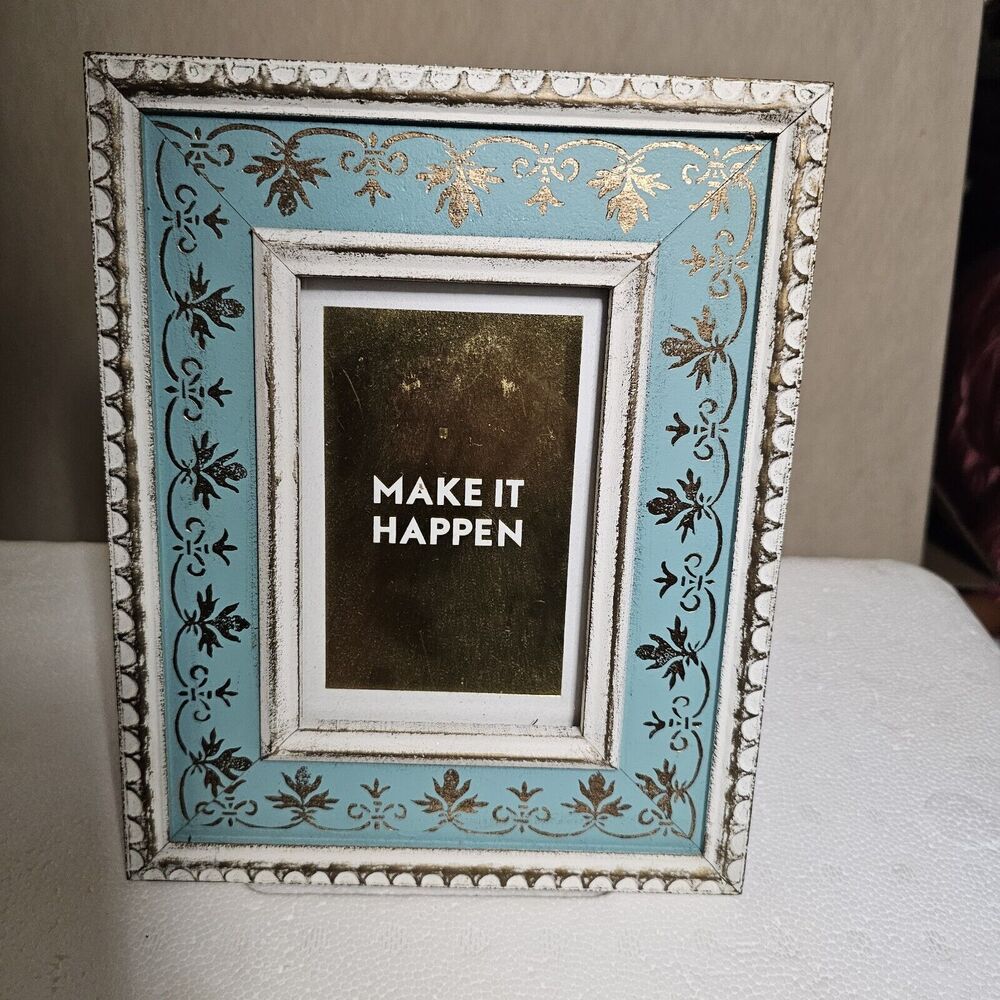 Inspirational Picture Frame Gift Tabletop  3X4" Photo Make It Happen Teal White